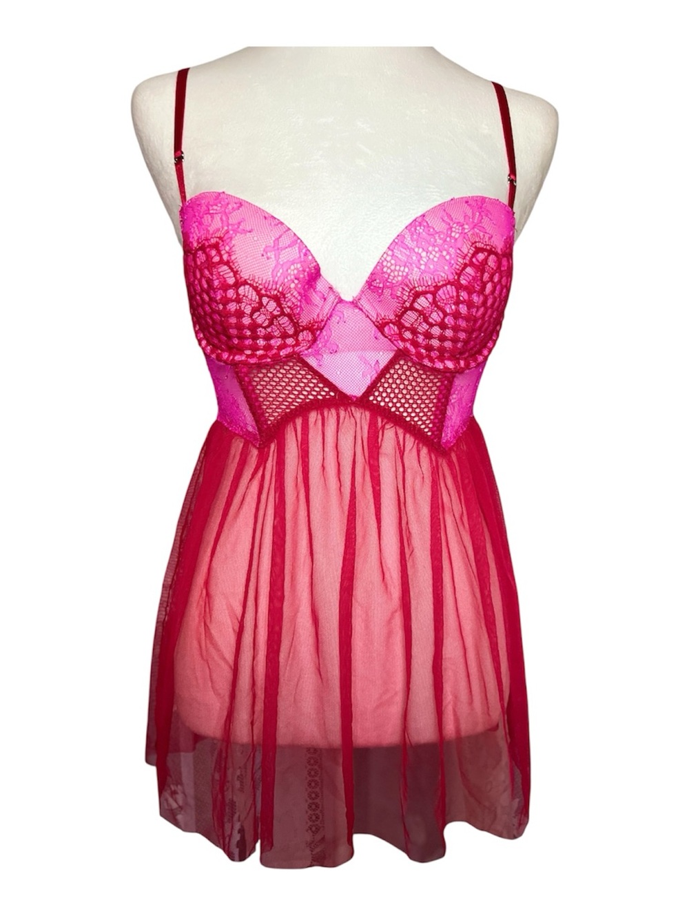 Victoria's Secret Hot Pink Lace & Sheer Babydoll Chemise